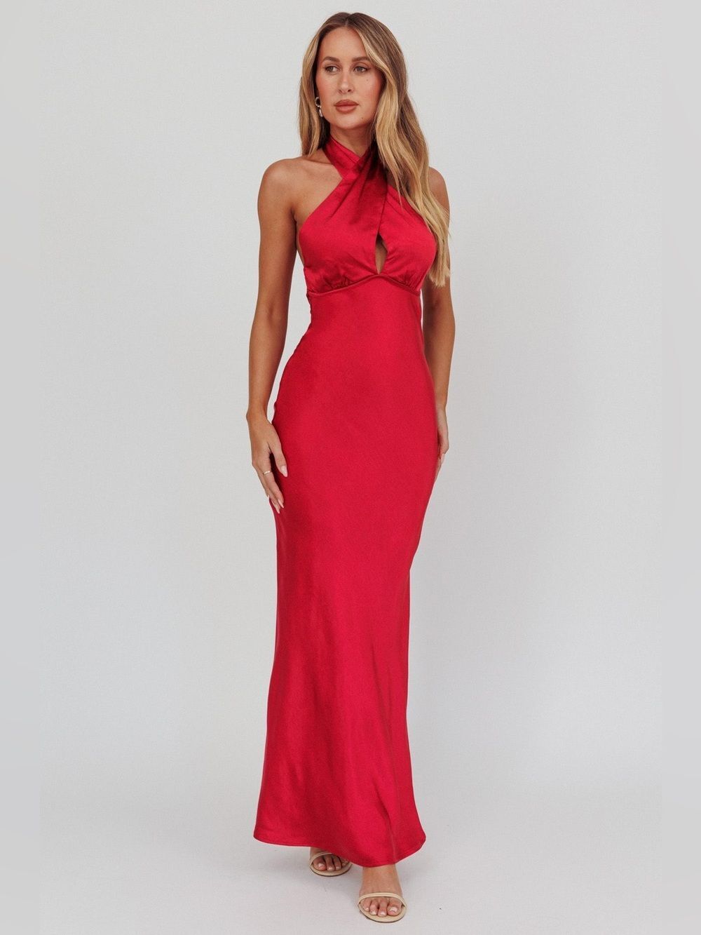 Honeymoon Crossover Halterneck Maxi Dress Wine Satin Open Back Gown